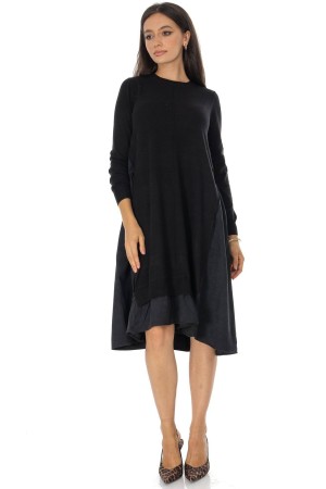 Black Oversized Wool Blend Midi Dress with Contrast Panels - AIMELIA DR4793