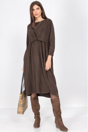 Dark Brown Oversized Knitted Midi Dress with Pockets - AIMELIA DR4700