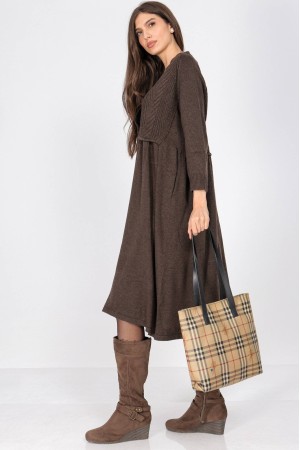 Dark Brown Oversized Knitted Midi Dress with Pockets - AIMELIA DR4700