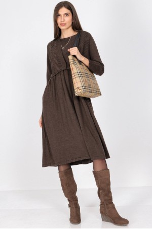 Dark Brown Oversized Knitted Midi Dress with Pockets - AIMELIA DR4700