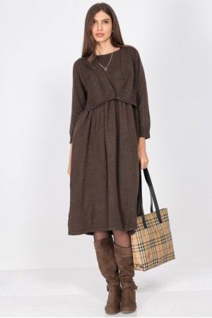 Dark Brown Oversized Knitted Midi Dress with Pockets - AIMELIA DR4700