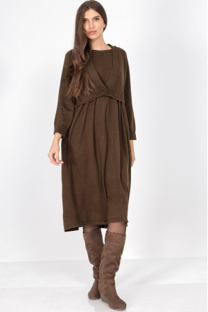 Light Brown Oversized Knitted Midi Dress with Pockets | AIMELIA DR4703