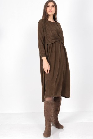 Light Brown Oversized Knitted Midi Dress with Pockets | AIMELIA DR4703