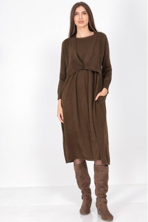 Light Brown Oversized Knitted Midi Dress with Pockets | AIMELIA DR4703