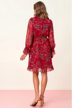 Women’s Burgundy Floral Midi Dress with Elasticated Waist