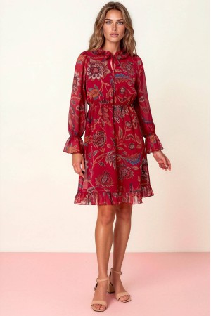 Women’s Burgundy Floral Midi Dress with Elasticated Waist