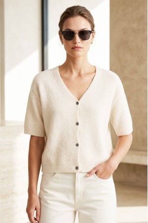 Womens Cream V Neck Short Sleeve Cardigan in Alpaca wool ROH BR2973 Womens Cream V Neck Short Sleeve Cardigan in Alpaca wool ROH BR2973