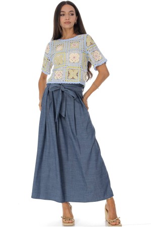Denim midi skirt with pockets and a matching belt Roh FR574