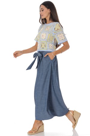 Denim midi skirt with pockets and a matching belt Roh FR574