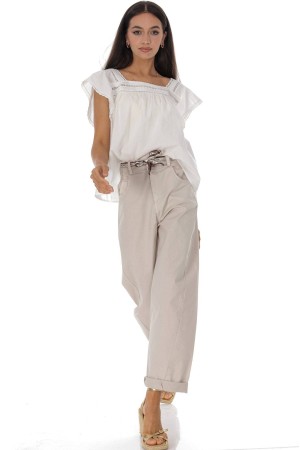 Casual barrel leg trousers in cotton with a contrasting belt Stone Roh TR578