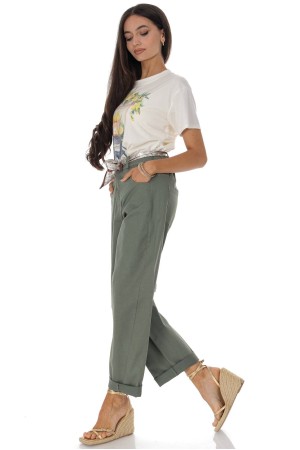 Casual barrel leg trousers in cotton with a contrasting belt Khaki Roh TR579