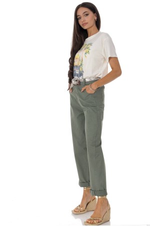 Casual barrel leg trousers in cotton with a contrasting belt Khaki Roh TR579