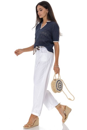 Casual barrel leg trousers in cotton with a contrasting belt White Roh TR580