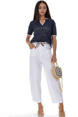 Casual barrel leg trousers in cotton with a contrasting belt White Roh TR580