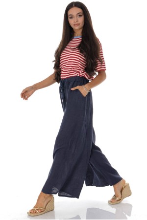 Wide leg linen trousers with pockets in Navy Roh TR582