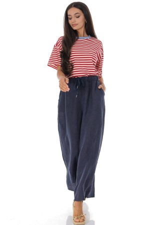 Wide leg linen trousers with pockets in Navy Roh TR582