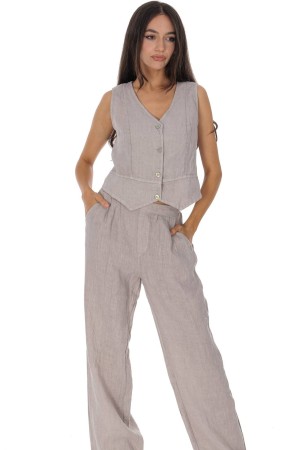 Casual 2 piece set with a waistcoat and trousers in linen, Beige Roh Tr587