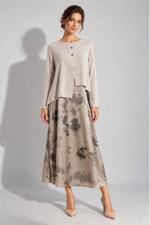 Beige Asymmetric Jumper and Printed Satin Midi Dress Set - AIMELIA DR4868 Beige Asymmetric Jumper and Printed Satin Midi Dress Set - AIMELIA DR4868