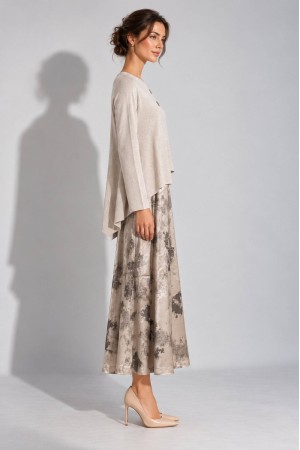 Beige Asymmetric Jumper and Printed Satin Midi Dress Set - AIMELIA DR4868 Beige Asymmetric Jumper and Printed Satin Midi Dress Set - AIMELIA DR4868