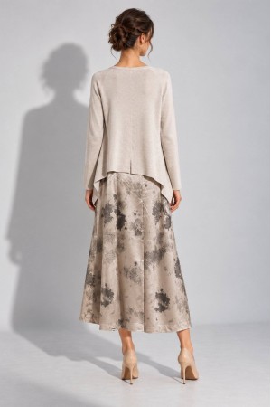 Beige Asymmetric Jumper and Printed Satin Midi Dress Set - AIMELIA DR4868 Beige Asymmetric Jumper and Printed Satin Midi Dress Set - AIMELIA DR4868