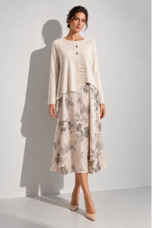 Cream Asymmetric Jumper and Printed Satin Midi Dress Set - AIMELIA DR4870