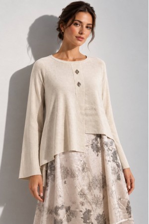 Cream Asymmetric Jumper and Printed Satin Midi Dress Set - AIMELIA DR4870