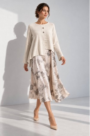 Cream Asymmetric Jumper and Printed Satin Midi Dress Set - AIMELIA DR4870