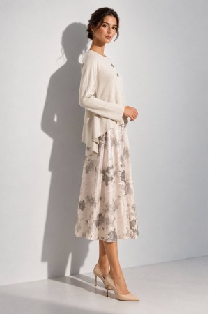 Cream Asymmetric Jumper and Printed Satin Midi Dress Set - AIMELIA DR4870
