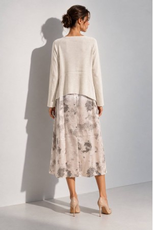 Cream Asymmetric Jumper and Printed Satin Midi Dress Set - AIMELIA DR4870