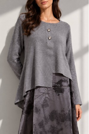 Grey Asymmetric Jumper and Printed Satin Midi Dress Set - AIMELIA DR4869 Grey Asymmetric Jumper and Printed Satin Midi Dress Set - AIMELIA DR4869