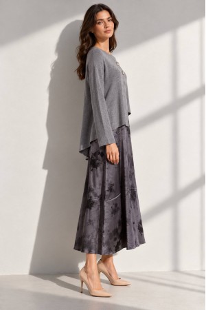 Grey Asymmetric Jumper and Printed Satin Midi Dress Set - AIMELIA DR4869 Grey Asymmetric Jumper and Printed Satin Midi Dress Set - AIMELIA DR4869