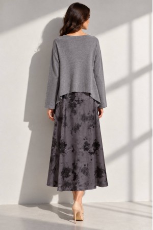 Grey Asymmetric Jumper and Printed Satin Midi Dress Set - AIMELIA DR4869 Grey Asymmetric Jumper and Printed Satin Midi Dress Set - AIMELIA DR4869