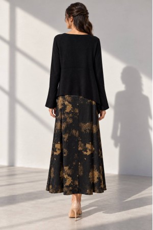 Black Asymmetric Jumper and Printed Satin Midi Dress Set - AIMELIA DR4867 Black Asymmetric Jumper and Printed Satin Midi Dress Set - AIMELIA DR4867