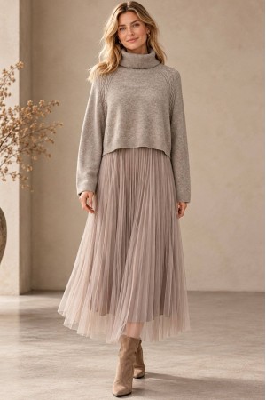 Beige Cropped Polo Neck Jumper and Tulle Midi Dress Set - AIMELIA DR4875
