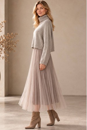 Beige Cropped Polo Neck Jumper and Tulle Midi Dress Set - AIMELIA DR4875