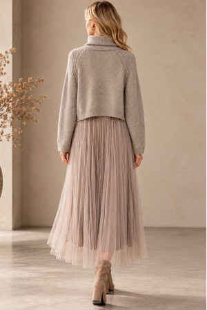 Beige Cropped Polo Neck Jumper and Tulle Midi Dress Set - AIMELIA DR4875