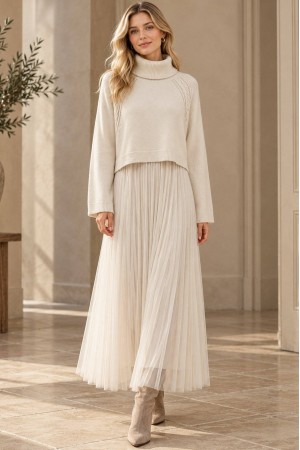 Cream Cropped Polo Neck Jumper and Tulle Midi Dress Set - AIMELIA DR4877