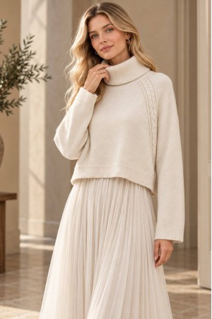 Cream Cropped Polo Neck Jumper and Tulle Midi Dress Set - AIMELIA DR4877