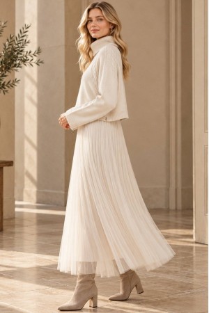 Cream Cropped Polo Neck Jumper and Tulle Midi Dress Set - AIMELIA DR4877
