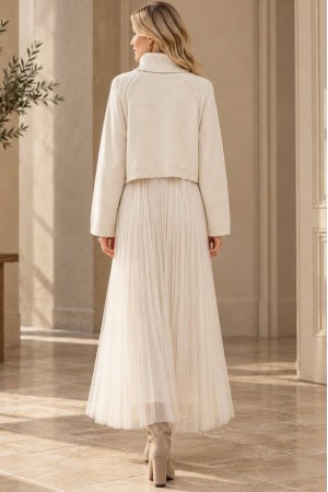 Cream Cropped Polo Neck Jumper and Tulle Midi Dress Set - AIMELIA DR4877