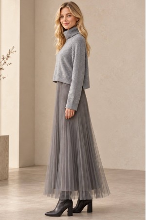 Grey Cropped Polo Neck Jumper and Tulle Midi Dress Set - AIMELIA DR4876