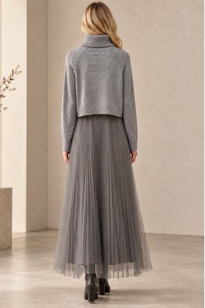 Grey Cropped Polo Neck Jumper and Tulle Midi Dress Set - AIMELIA DR4876