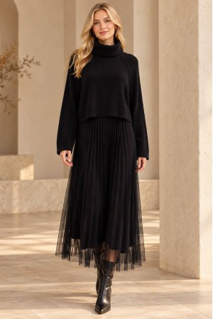 Black Cropped Polo Neck Jumper and Tulle Midi Dress Set - AIMELIA DR4874