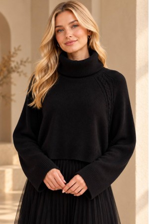 Black Cropped Polo Neck Jumper and Tulle Midi Dress Set - AIMELIA DR4874