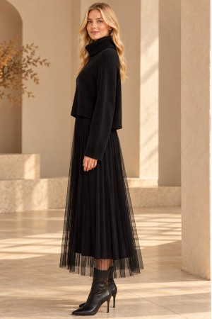 Black Cropped Polo Neck Jumper and Tulle Midi Dress Set - AIMELIA DR4874