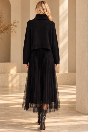 Black Cropped Polo Neck Jumper and Tulle Midi Dress Set - AIMELIA DR4874