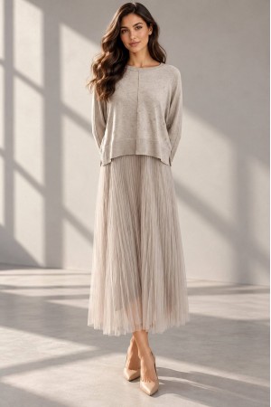 Beige Embroidered Jumper and Tulle Midi Dress Set - AIMELIA DR4860