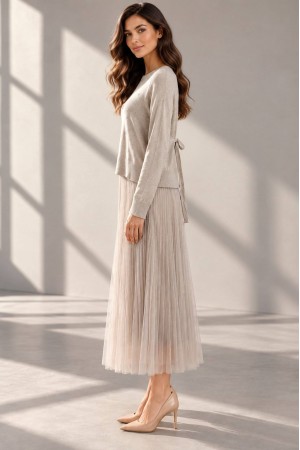 Beige Embroidered Jumper and Tulle Midi Dress Set - AIMELIA DR4860