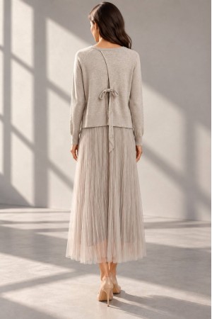Beige Embroidered Jumper and Tulle Midi Dress Set - AIMELIA DR4860
