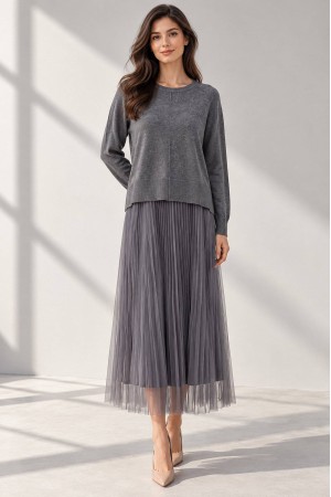 Dark Grey Embroidered Jumper and Tulle Midi Dress Set - AIMELIA DR4861